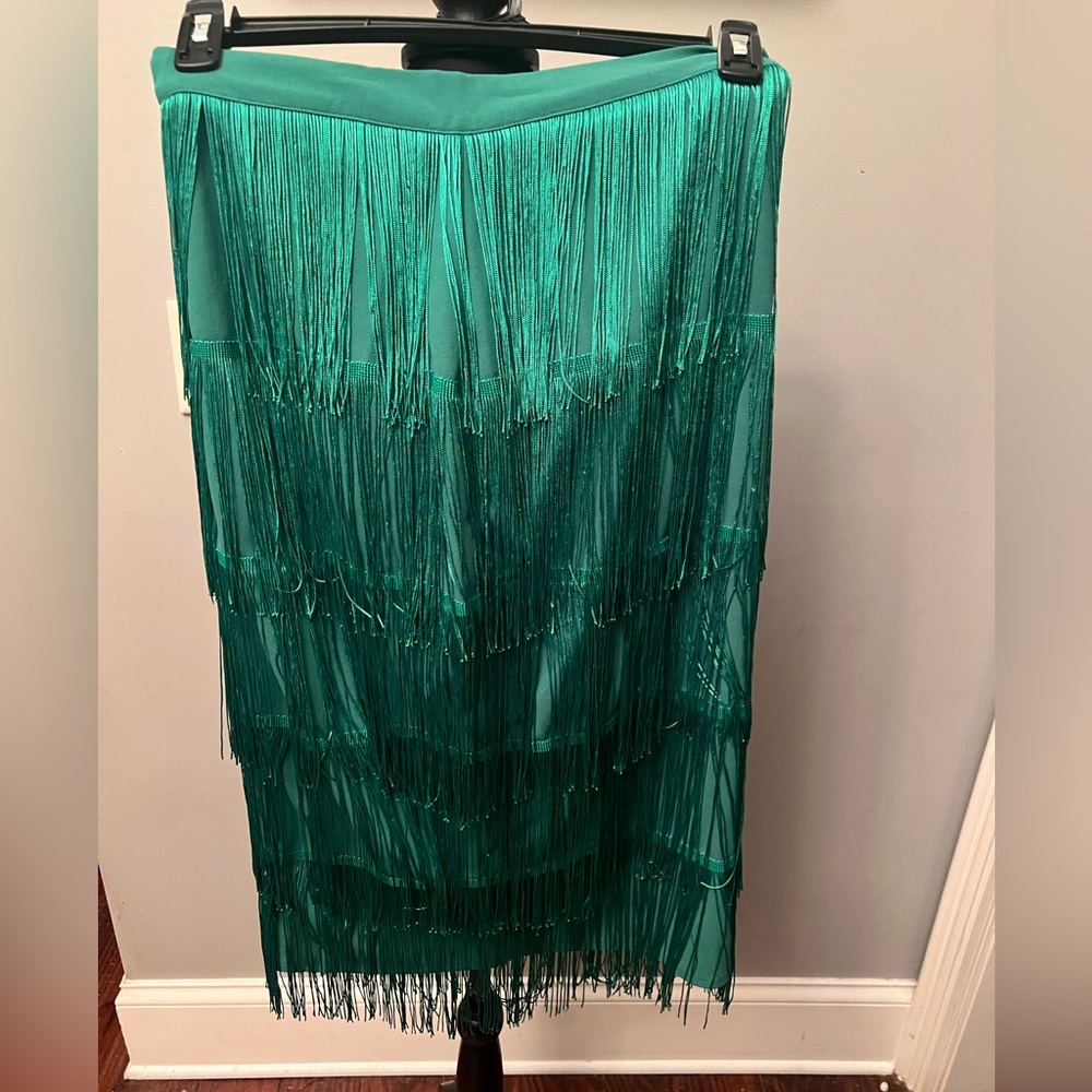 Green fringe midi skirt